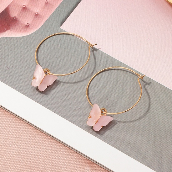 Picture of Hoop Earrings Gold Plated Pink Butterfly 4cm x 3cm, 1 Pair