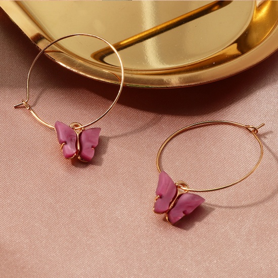 Picture of Hoop Earrings Gold Plated Purple Butterfly 4cm x 3cm, 1 Pair