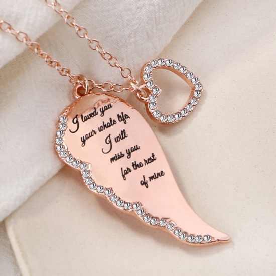 Picture of Necklace Rose Gold Wing Heart Clear Rhinestone 48cm(18 7/8") long, 1 Piece