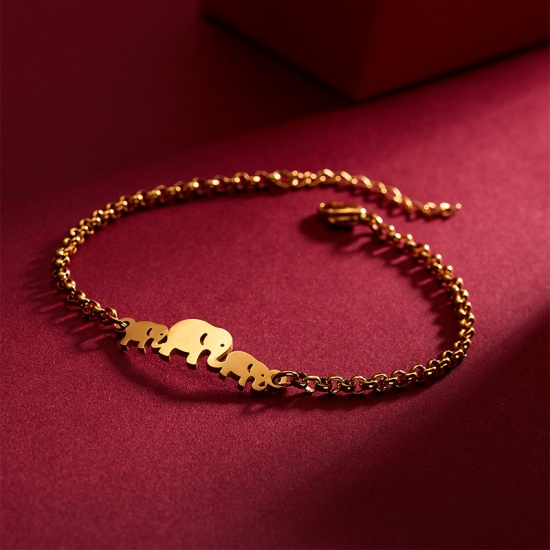 Picture of Stainless Steel Bracelets Gold Plated Elephant Animal 18cm(7 1/8") long, 1 Piece