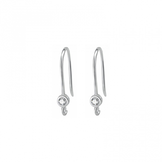 Picture of Sterling Silver Ear Wire Hooks Earring Findings Findings Silver Color Clear Cubic Zirconia W/ Loop 16mm x 8mm, Post/ Wire Size: (19 gauge), 1 Pair