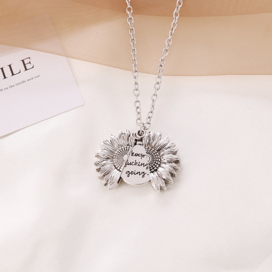 Picture of Necklace Antique Silver Color Sunflower Hidden Message " Keep fucking going " Can Open 52cm(20 4/8") long, 1 Piece