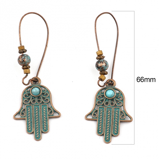 Picture of Earrings Antique Copper Green Blue Hamsa Symbol Hand Imitation Turquoise 66mm x 21mm, 1 Pair