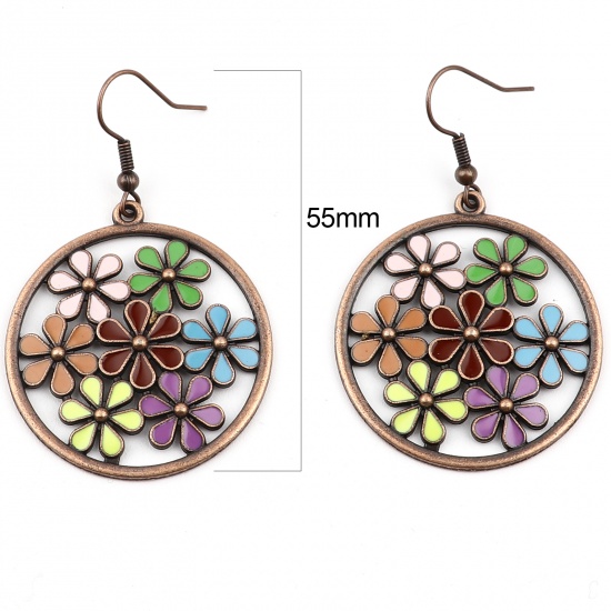 Picture of Earrings Antique Copper Multicolor Round Flower 55mm x 34mm, 1 Pair