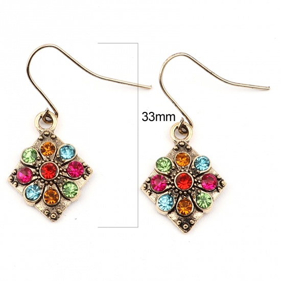 Picture of Earrings Gold Tone Antique Gold Rhombus Multicolor Rhinestone 33mm x 15mm, 1 Pair