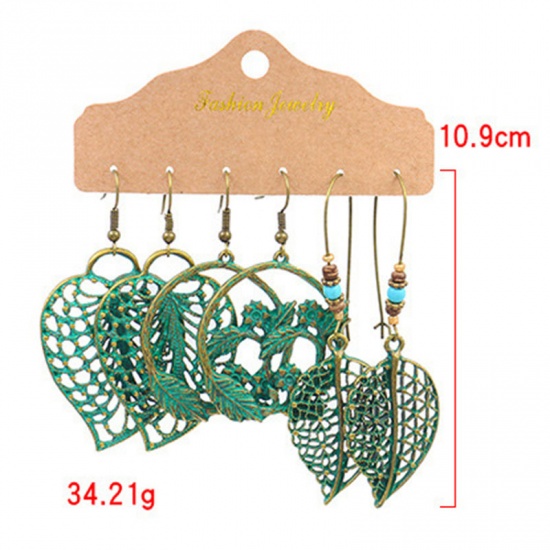 Picture of Boho Chic Bohemia Earrings Green Circle Ring Leaf 10.5cm, 1 Set ( 3 Pairs/Set)