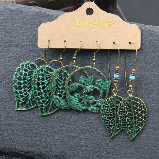 Picture of Boho Chic Bohemia Earrings Green Circle Ring Leaf 10.5cm, 1 Set ( 3 Pairs/Set)