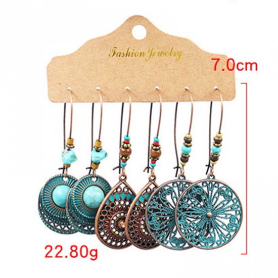 Picture of Boho Chic Bohemia Earrings Green Blue Round Leaf Multicolor Rhinestone 70mm, 1 Set ( 3 Pairs/Set)
