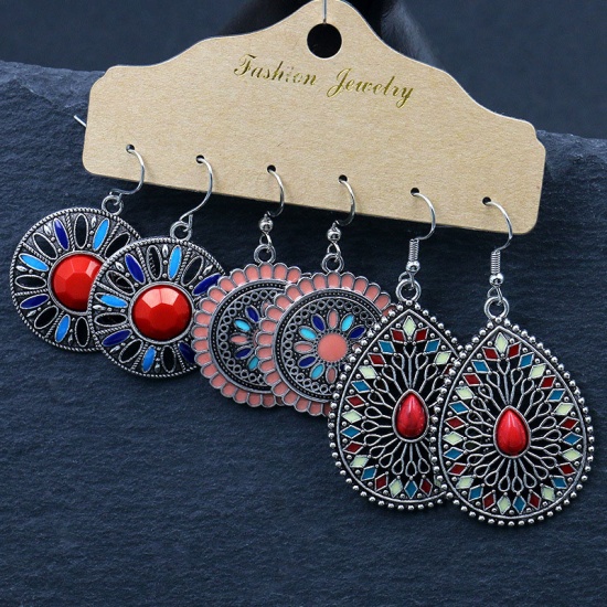 Picture of Boho Chic Bohemia Earrings Multicolor Round Drop Enamel 59mm, 1 Set ( 3 Pairs/Set)