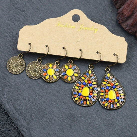 Picture of Boho Chic Bohemia Earrings Multicolor Round Drop Enamel 1 Set ( 3 Pairs/Set)