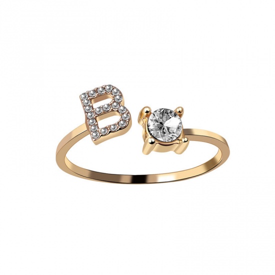 Picture of Brass Open Rings Gold Plated Capital Alphabet/ Letter Message " B " Clear Cubic Zirconia 1 Piece                                                                                                                                                              