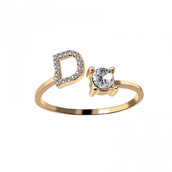 Picture of Brass Open Rings Gold Plated Capital Alphabet/ Letter Message " D " Clear Cubic Zirconia 1 Piece                                                                                                                                                              