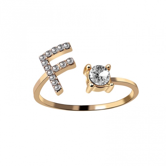 Picture of Brass Open Rings Gold Plated Capital Alphabet/ Letter Message " F " Clear Cubic Zirconia 1 Piece                                                                                                                                                              