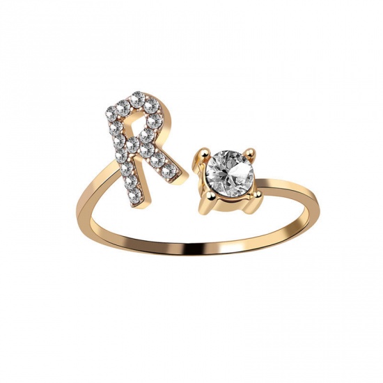 Picture of Brass Open Rings Gold Plated Capital Alphabet/ Letter Message " R " Clear Cubic Zirconia 1 Piece                                                                                                                                                              