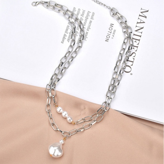 Picture of Multilayer Layered Paperclip Chains Necklace Silver Tone White Imitation Pearl 44cm(17 3/8") long, 1 Piece