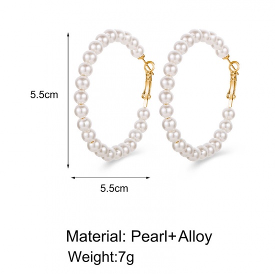 Picture of Hoop Earrings Gold Plated White Imitation Pearl Circle Ring 5.5cm Dia, 1 Pair