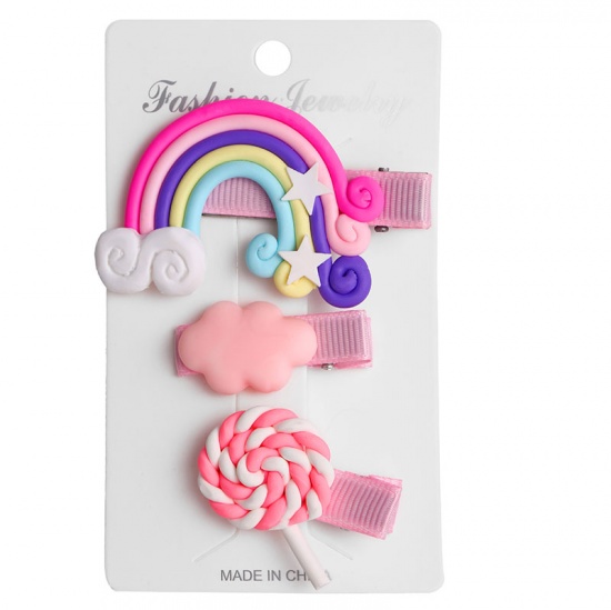 Picture of Polymer Clay Hair Clips Rainbow Multicolor Lollipop 58mm x 36mm - 36mm, ( 3PCs/Set) 1 Set