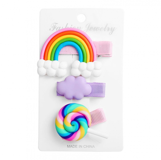 Picture of Polymer Clay Hair Clips Rainbow Multicolor Lollipop 58mm x 36mm - 36mm, ( 3PCs/Set) 1 Set