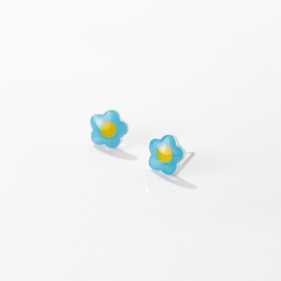 Image de Boucles d'Oreilles Puces en Argent Pur Jaune & Bleu Fleur 9mm, 1 Paire