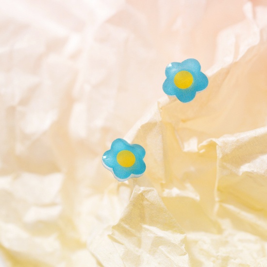 Image de Boucles d'Oreilles Puces en Argent Pur Jaune & Bleu Fleur 9mm, 1 Paire