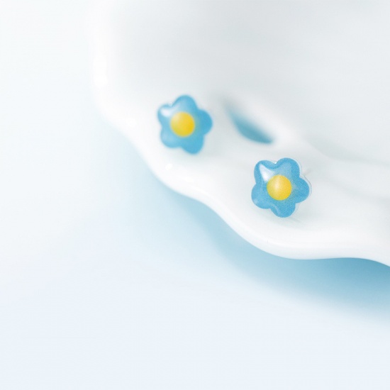 Picture of Sterling Silver Ear Post Stud Earrings Yellow & Blue Flower 9mm, 1 Pair