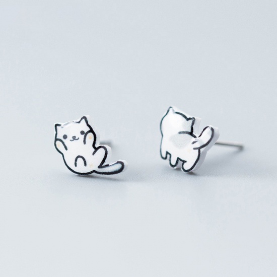 Picture of Sterling Silver Ear Post Stud Earrings White Cat Animal 10mm x 9mm, 1 Pair