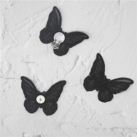 Picture of Lace Ear Clips Earrings Black Butterfly Animal 45mm x 34mm, 1 Piece