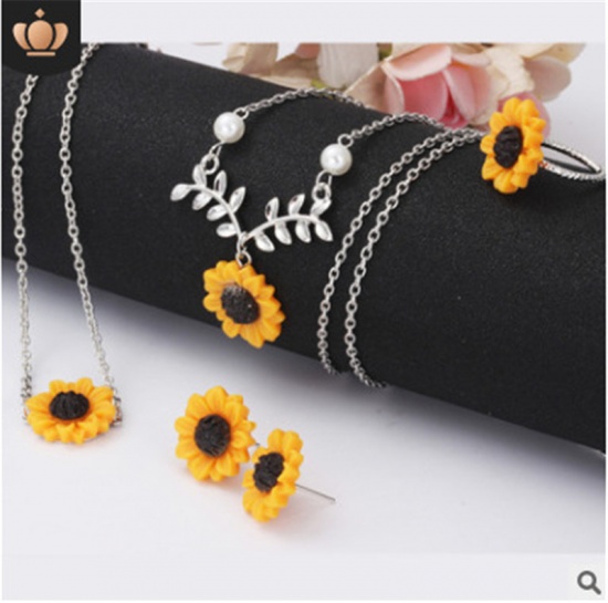 Picture of Jewelry Set Silver Tone Orange Sunflower Imitation Pearl 56cm(22") long, 1.8cm x 1.8cm, 1 Set ( 4 PCs/Set)