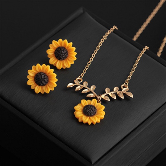 Picture of Jewelry Necklace Stud Earring Set Gold Plated Orange Sunflower 56cm(22") long, 1.8cm x 1.8cm, 1 Set ( 2 PCs/Set)