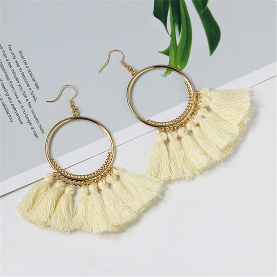 Picture of Tassel Earrings Gold Plated Creamy-White Circle Ring 10cm x 4cm, 1 Pair