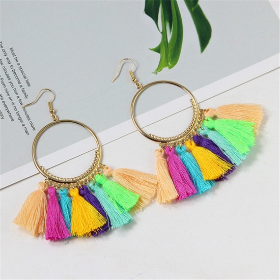 Picture of Tassel Earrings Gold Plated Multicolor Circle Ring 10cm x 4cm, 1 Pair