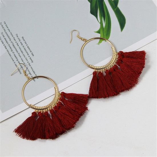 Picture of Tassel Earrings Gold Plated Wine Red Circle Ring 10cm x 4cm, 1 Pair