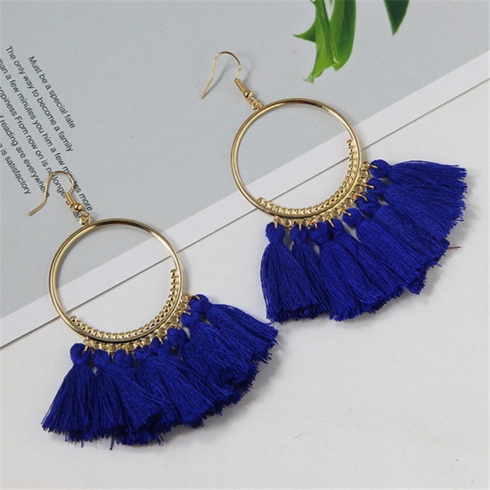 Picture of Tassel Earrings Gold Plated Royal Blue Circle Ring 10cm x 4cm, 1 Pair
