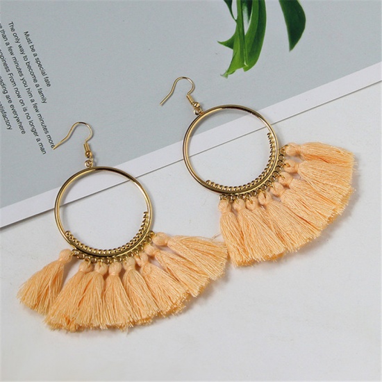Picture of Tassel Earrings Gold Plated Orange Circle Ring 10cm x 4cm, 1 Pair