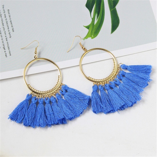 Picture of Tassel Earrings Gold Plated Skyblue Circle Ring 10cm x 4cm, 1 Pair