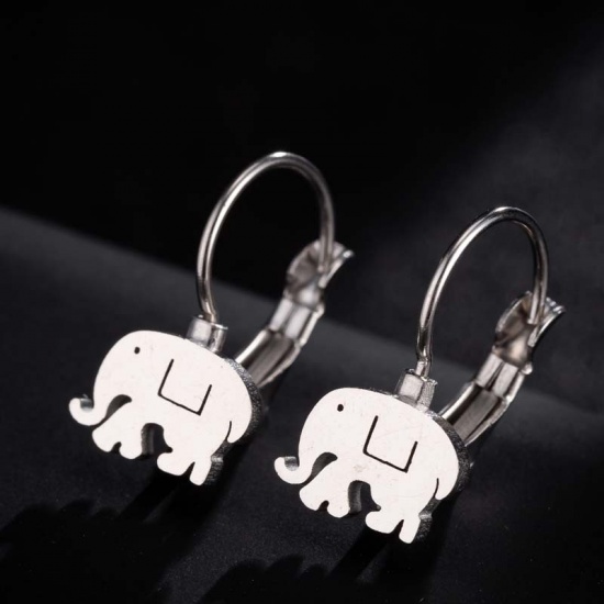 Picture of Stainless Steel Ear Clips Earrings Silver Tone Elephant Animal 27mm x 13mm, 1 Pair