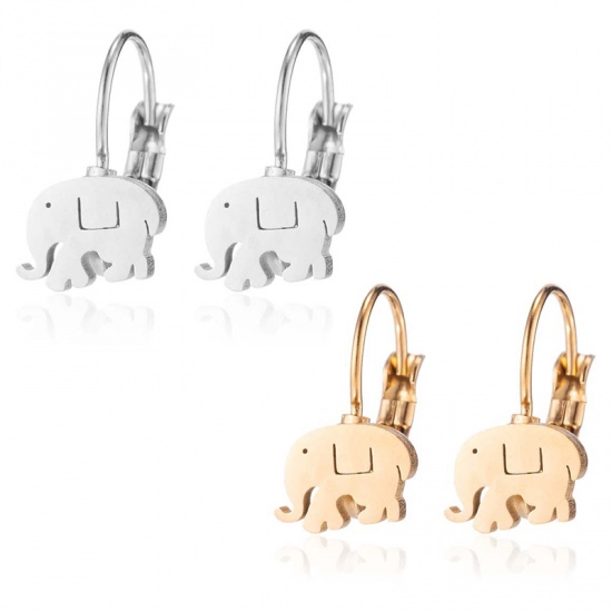 Picture of Stainless Steel Ear Clips Earrings Silver Tone Elephant Animal 27mm x 13mm, 1 Pair