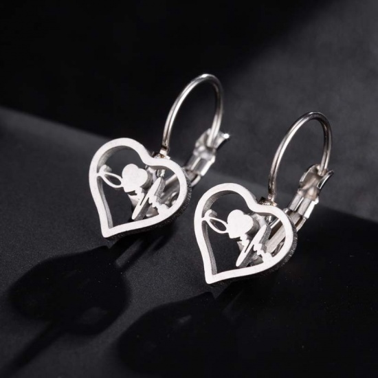 Picture of Stainless Steel Ear Clips Earrings Silver Tone Heart Medical Heartbeat/ Electrocardiogram 27mm x 13mm, 1 Pair