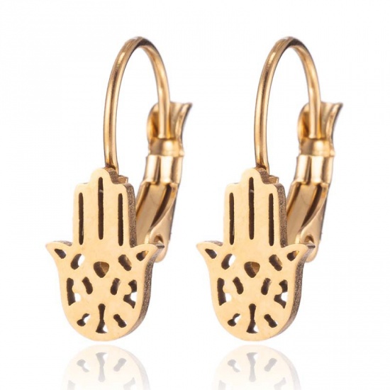 Picture of Stainless Steel Religious Ear Clips Earrings Gold Plated Hamsa Symbol Hand 27mm x 13mm, 1 Pair
