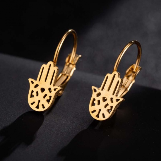 Picture of Stainless Steel Religious Ear Clips Earrings Gold Plated Hamsa Symbol Hand 27mm x 13mm, 1 Pair