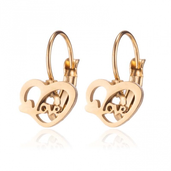 Picture of Stainless Steel Ear Clips Earrings Gold Plated Heart Message " LOVE " 27mm x 13mm, 1 Pair