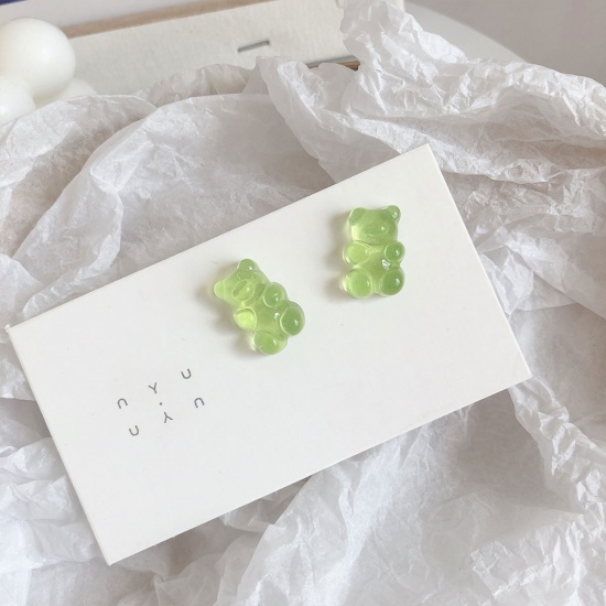Picture of Plastic Ear Post Stud Earrings Green Jelly Bear Animal 1 Pair