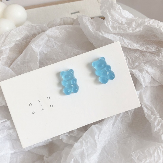 Picture of Plastic Ear Post Stud Earrings Blue Jelly Bear Animal 1 Pair