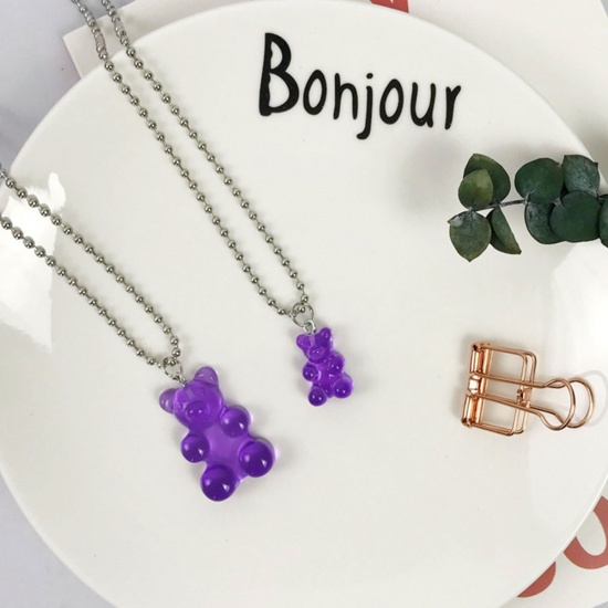 Picture of Stainless Steel & Resin Necklace Purple Small Jelly Bear Animal 60cm(23 5/8") long, 1 Piece