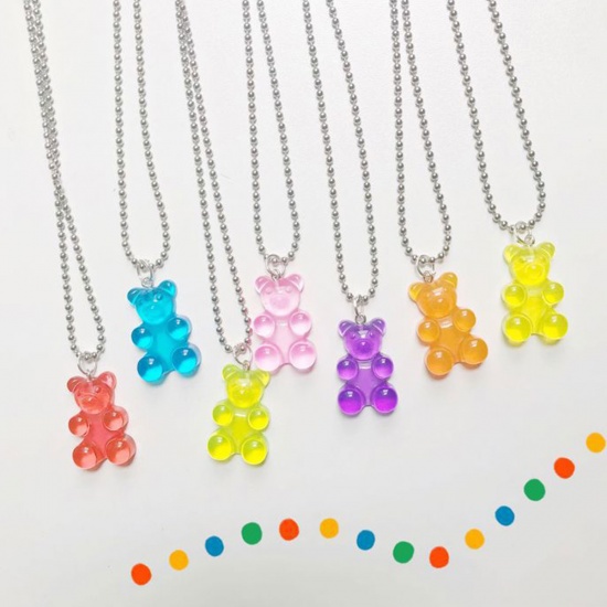Picture of Stainless Steel & Resin Necklace Purple Small Jelly Bear Animal 60cm(23 5/8") long, 1 Piece