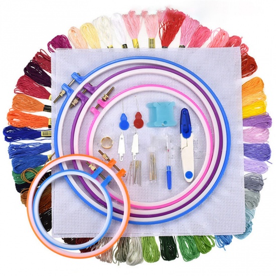 Picture of At Random - 5 Plastic Coils And 50 Colors Thread Embroidery Needle Set Embroidered Stitching Thread Kit DIY Sewing Accessories Tape Measure Floss Bobbins, 1 Set