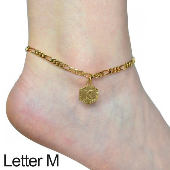 Picture of Anklet Gold Plated Hexagon Initial Alphabet/ Capital Letter Message " M " 21cm(8 2/8") long, 1 Piece