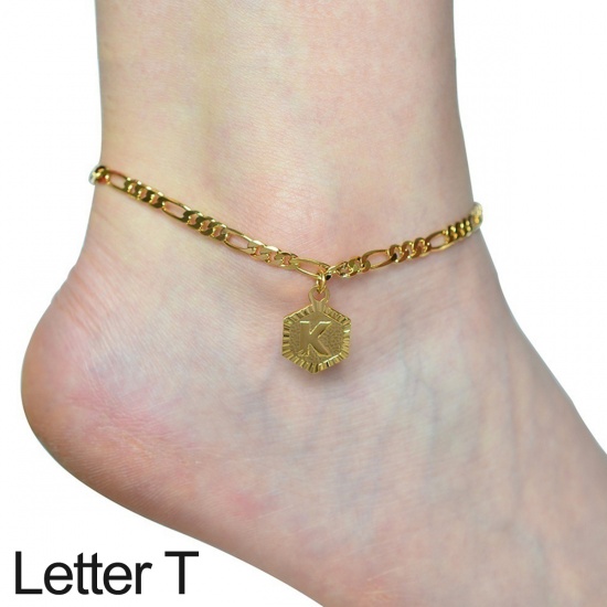 Picture of Anklet Gold Plated Hexagon Initial Alphabet/ Capital Letter Message " T " 21cm(8 2/8") long, 1 Piece