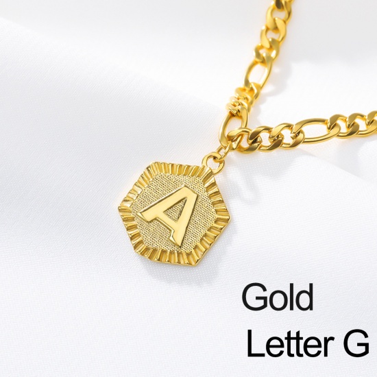 Picture of Necklace Gold Plated Hexagon Initial Alphabet/ Capital Letter Message " G " 40cm(15 6/8") long, 1 Piece