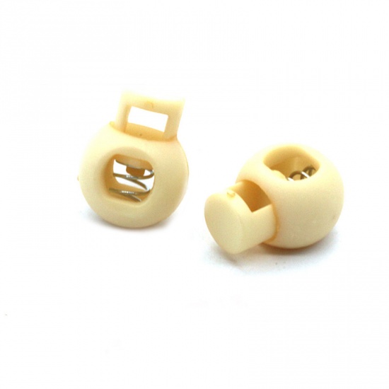 Picture of Beige - 22mm x 17mm 10pcs Colorful Plastic Ball Round Cord Lock Spring Stop Toggle Stopper Clip For Sportswear Clothing Shoes Rope DIY Craft Parts
